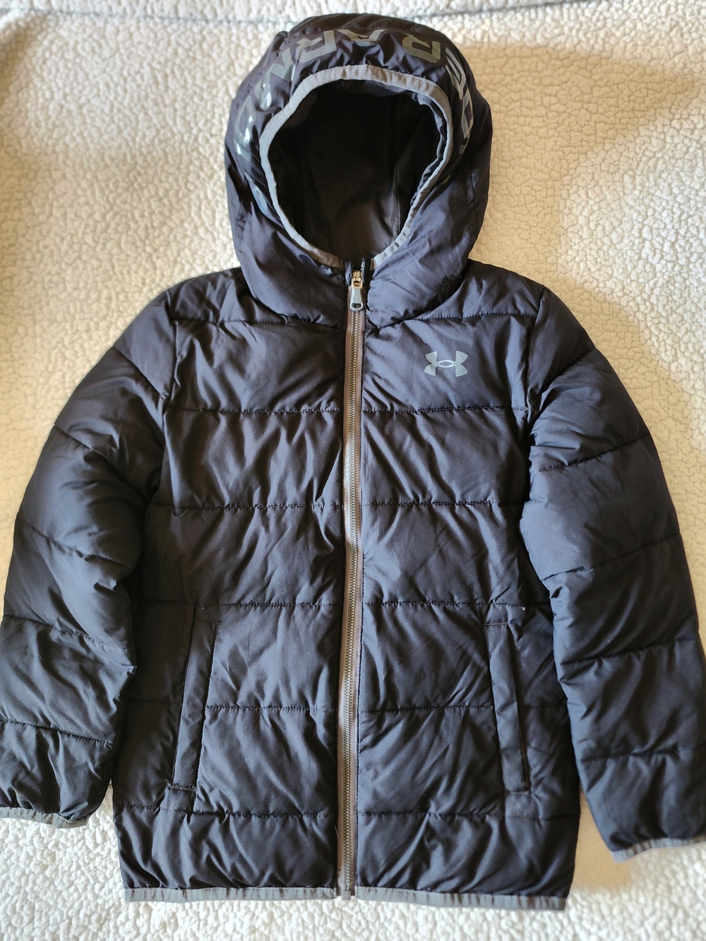 Under Armour Youth Black Hooded Puffer Jacket with Gray Accents